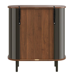 English Elm 28" Fluted Tambour Door Bar Cabinet with Wine Rack Glass Holders and Adjustable Shelving Black N728P458234B