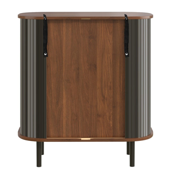 English Elm 28" Fluted Tambour Door Bar Cabinet with Wine Rack Glass Holders and Adjustable Shelving Black N728P458234B