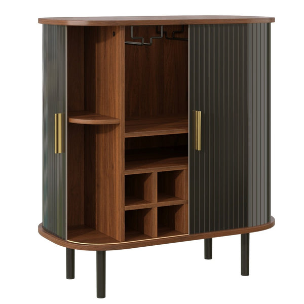 English Elm 28" Fluted Tambour Door Bar Cabinet with Wine Rack Glass Holders and Adjustable Shelving Black N728P458234B