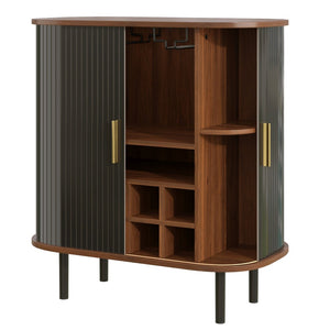English Elm 28" Fluted Tambour Door Bar Cabinet with Wine Rack Glass Holders and Adjustable Shelving Black N728P458234B