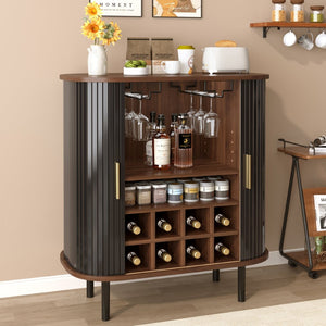 English Elm 28" Fluted Tambour Door Bar Cabinet with Wine Rack Glass Holders and Adjustable Shelving Black N728P458234B