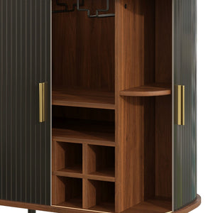 English Elm 28" Fluted Tambour Door Bar Cabinet with Wine Rack Glass Holders and Adjustable Shelving Black N728P458234B