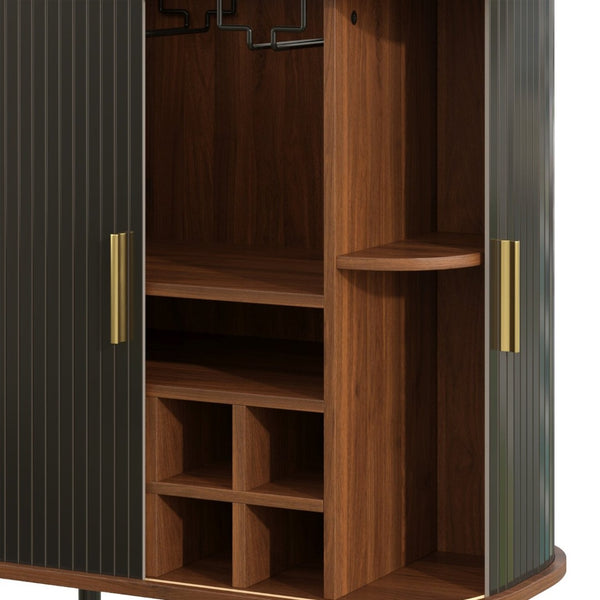 English Elm 28" Fluted Tambour Door Bar Cabinet with Wine Rack Glass Holders and Adjustable Shelving Black N728P458234B