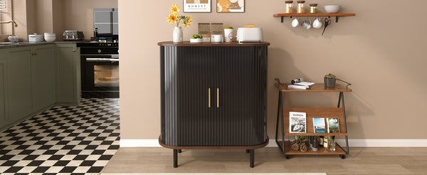English Elm 28" Fluted Tambour Door Bar Cabinet with Wine Rack Glass Holders and Adjustable Shelving Black N728P458234B