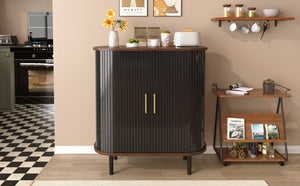 English Elm 28" Fluted Tambour Door Bar Cabinet with Wine Rack Glass Holders and Adjustable Shelving Black N728P458234B
