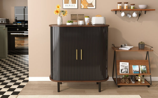 English Elm 28" Fluted Tambour Door Bar Cabinet with Wine Rack Glass Holders and Adjustable Shelving Black N728P458234B