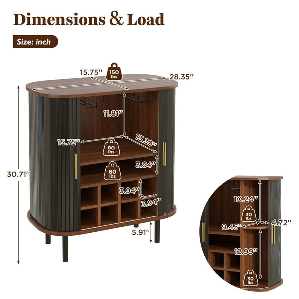 English Elm 28" Fluted Tambour Door Bar Cabinet with Wine Rack Glass Holders and Adjustable Shelving Black N728P458234B