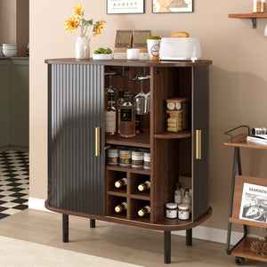 English Elm 28" Fluted Tambour Door Bar Cabinet with Wine Rack Glass Holders and Adjustable Shelving Black N728P458234B