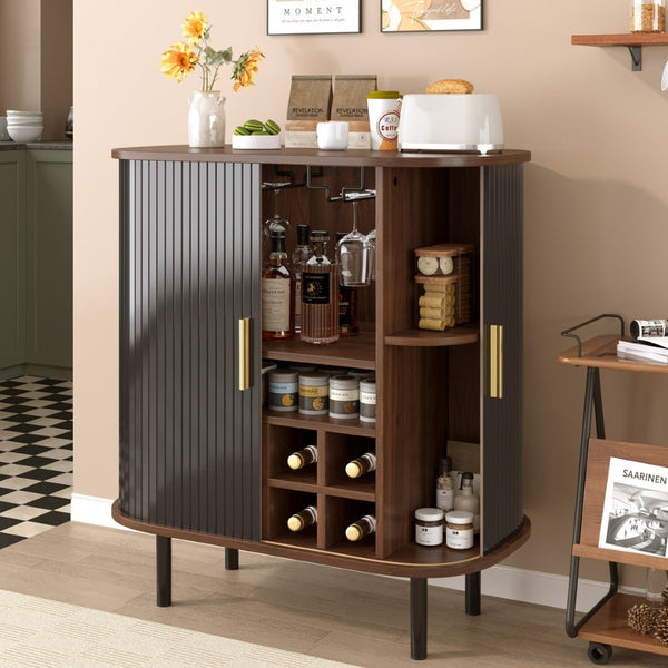 English Elm 28" Fluted Tambour Door Bar Cabinet with Wine Rack Glass Holders and Adjustable Shelving Black N728P458234B