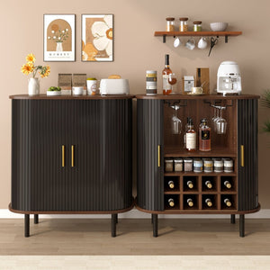 English Elm 28" Fluted Tambour Door Bar Cabinet with Wine Rack Glass Holders and Adjustable Shelving Black N728P458234B