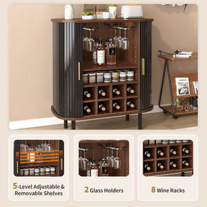 English Elm 28" Fluted Tambour Door Bar Cabinet with Wine Rack Glass Holders and Adjustable Shelving Black N728P458234B