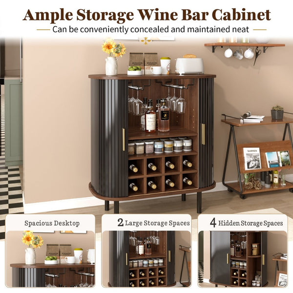 English Elm 28" Fluted Tambour Door Bar Cabinet with Wine Rack Glass Holders and Adjustable Shelving Black N728P458234B