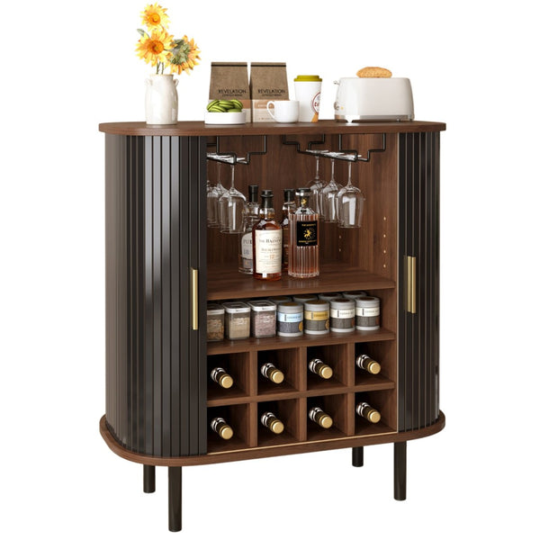 English Elm 28" Fluted Tambour Door Bar Cabinet with Wine Rack Glass Holders and Adjustable Shelving Black N728P458234B