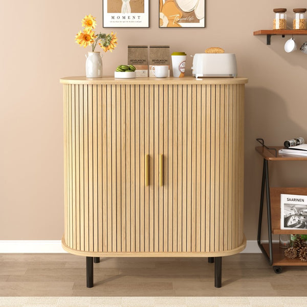 English Elm 28" Fluted Tambour Door Bar Cabinet with Wine Rack Glass Holders and Adjustable Shelving Natural N728P458234N