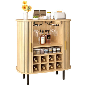 English Elm 28" Fluted Tambour Door Bar Cabinet with Wine Rack Glass Holders and Adjustable Shelving Natural N728P458234N