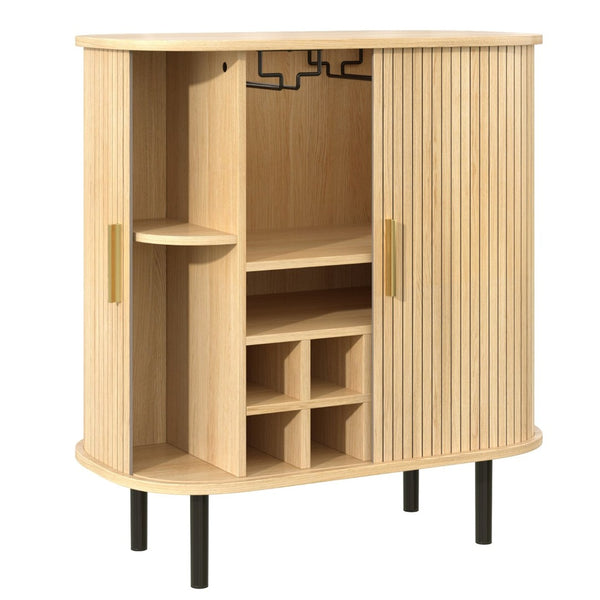 English Elm 28" Fluted Tambour Door Bar Cabinet with Wine Rack Glass Holders and Adjustable Shelving Natural N728P458234N