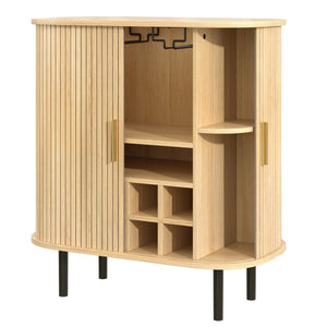 English Elm 28" Fluted Tambour Door Bar Cabinet with Wine Rack Glass Holders and Adjustable Shelving Natural N728P458234N