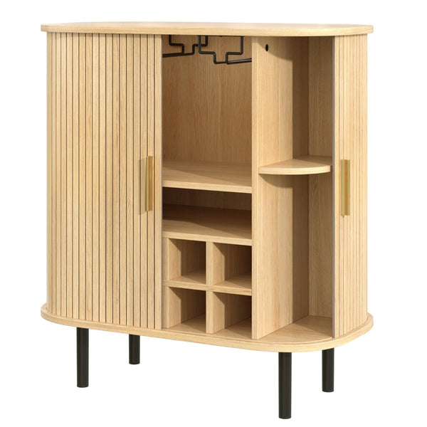 English Elm 28" Fluted Tambour Door Bar Cabinet with Wine Rack Glass Holders and Adjustable Shelving Natural N728P458234N