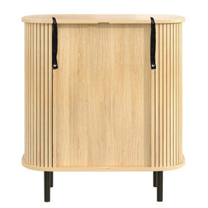 English Elm 28" Fluted Tambour Door Bar Cabinet with Wine Rack Glass Holders and Adjustable Shelving Natural N728P458234N