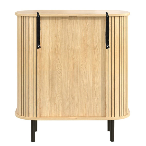 English Elm 28" Fluted Tambour Door Bar Cabinet with Wine Rack Glass Holders and Adjustable Shelving Natural N728P458234N