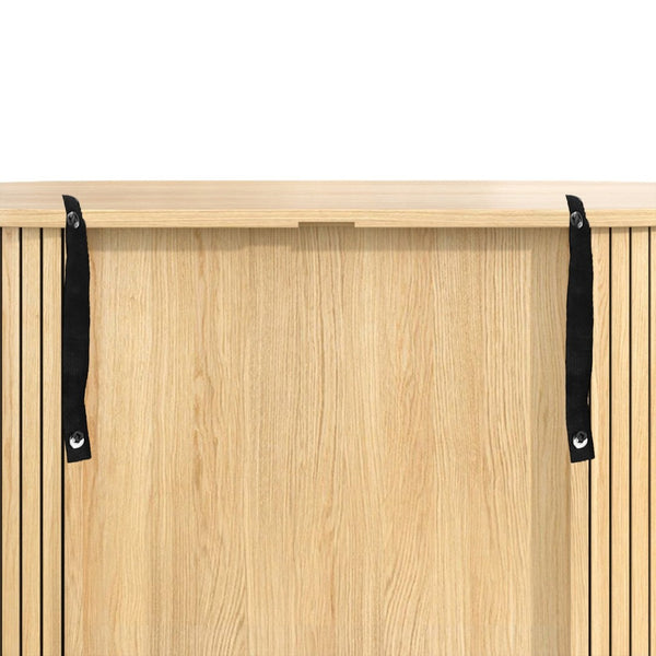 English Elm 28" Fluted Tambour Door Bar Cabinet with Wine Rack Glass Holders and Adjustable Shelving Natural N728P458234N