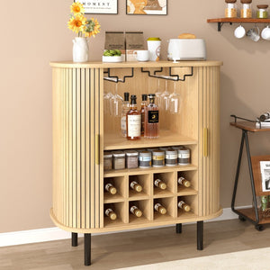 English Elm 28" Fluted Tambour Door Bar Cabinet with Wine Rack Glass Holders and Adjustable Shelving Natural N728P458234N