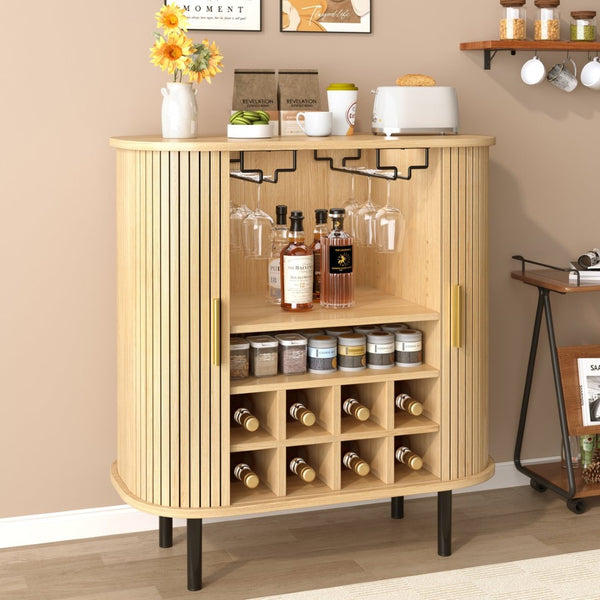 English Elm 28" Fluted Tambour Door Bar Cabinet with Wine Rack Glass Holders and Adjustable Shelving Natural N728P458234N