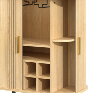 English Elm 28" Fluted Tambour Door Bar Cabinet with Wine Rack Glass Holders and Adjustable Shelving Natural N728P458234N