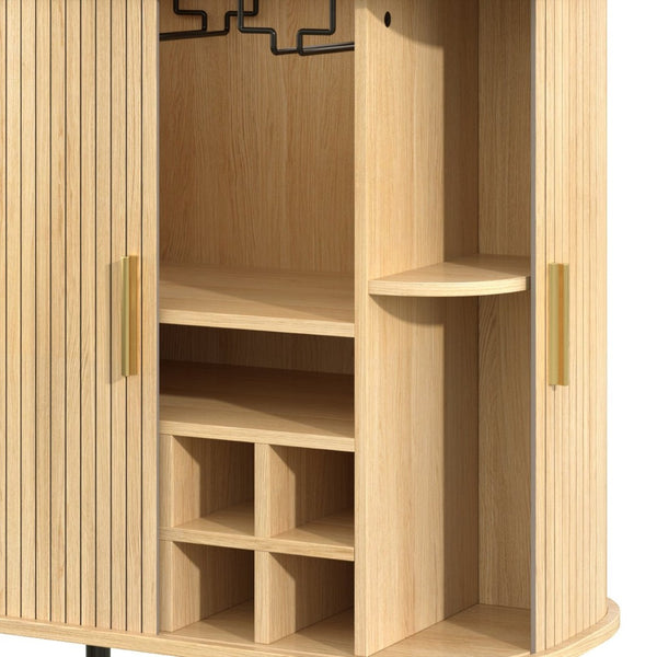 English Elm 28" Fluted Tambour Door Bar Cabinet with Wine Rack Glass Holders and Adjustable Shelving Natural N728P458234N