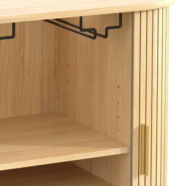 English Elm 28" Fluted Tambour Door Bar Cabinet with Wine Rack Glass Holders and Adjustable Shelving Natural N728P458234N