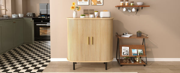 English Elm 28" Fluted Tambour Door Bar Cabinet with Wine Rack Glass Holders and Adjustable Shelving Natural N728P458234N