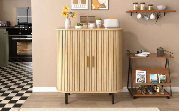 English Elm 28" Fluted Tambour Door Bar Cabinet with Wine Rack Glass Holders and Adjustable Shelving Natural N728P458234N