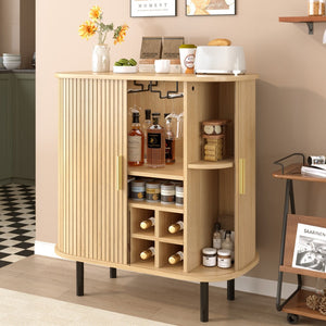 English Elm 28" Fluted Tambour Door Bar Cabinet with Wine Rack Glass Holders and Adjustable Shelving Natural N728P458234N