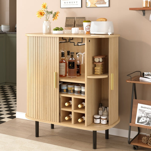 English Elm 28" Fluted Tambour Door Bar Cabinet with Wine Rack Glass Holders and Adjustable Shelving Natural N728P458234N