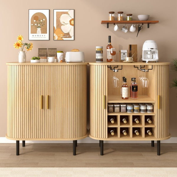 English Elm 28" Fluted Tambour Door Bar Cabinet with Wine Rack Glass Holders and Adjustable Shelving Natural N728P458234N