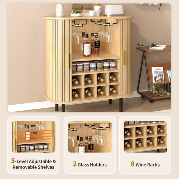English Elm 28" Fluted Tambour Door Bar Cabinet with Wine Rack Glass Holders and Adjustable Shelving Natural N728P458234N