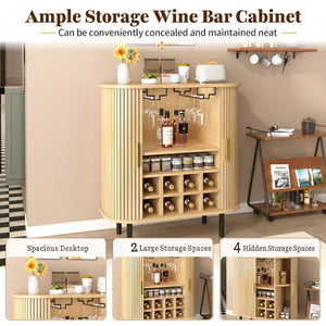 English Elm 28" Fluted Tambour Door Bar Cabinet with Wine Rack Glass Holders and Adjustable Shelving Natural N728P458234N