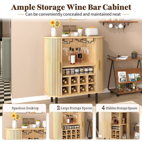 English Elm 28" Fluted Tambour Door Bar Cabinet with Wine Rack Glass Holders and Adjustable Shelving Natural N728P458234N