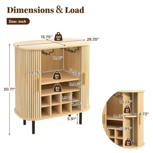 English Elm 28" Fluted Tambour Door Bar Cabinet with Wine Rack Glass Holders and Adjustable Shelving Natural N728P458234N