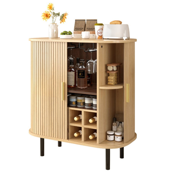English Elm 28" Fluted Tambour Door Bar Cabinet with Wine Rack Glass Holders and Adjustable Shelving Natural N728P458234N