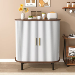 English Elm 28" Fluted Tambour Door Bar Cabinet with Wine Rack Glass Holders and Adjustable Shelving White N728P458234W
