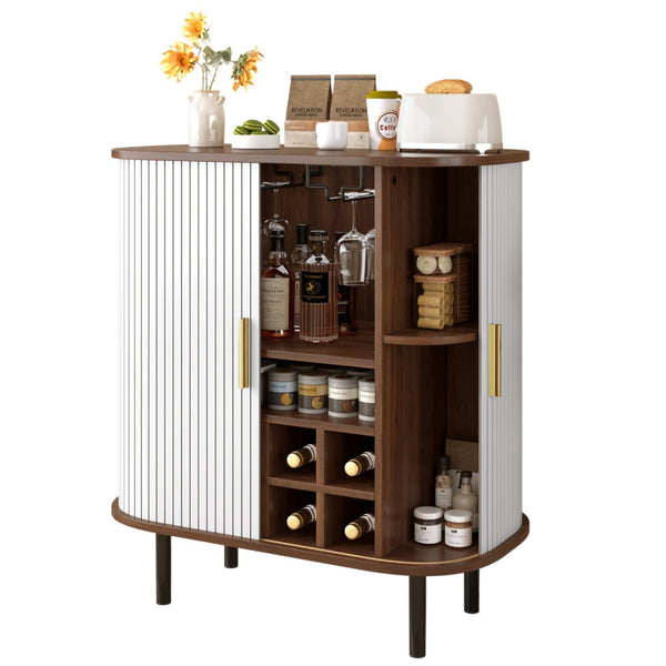 English Elm 28" Fluted Tambour Door Bar Cabinet with Wine Rack Glass Holders and Adjustable Shelving White N728P458234W