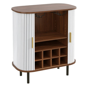 English Elm 28" Fluted Tambour Door Bar Cabinet with Wine Rack Glass Holders and Adjustable Shelving White N728P458234W