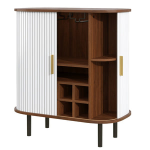 English Elm 28" Fluted Tambour Door Bar Cabinet with Wine Rack Glass Holders and Adjustable Shelving White N728P458234W