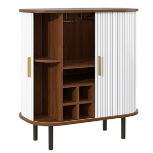 English Elm 28" Fluted Tambour Door Bar Cabinet with Wine Rack Glass Holders and Adjustable Shelving White N728P458234W