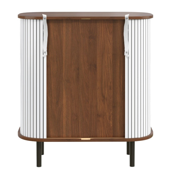 English Elm 28" Fluted Tambour Door Bar Cabinet with Wine Rack Glass Holders and Adjustable Shelving White N728P458234W
