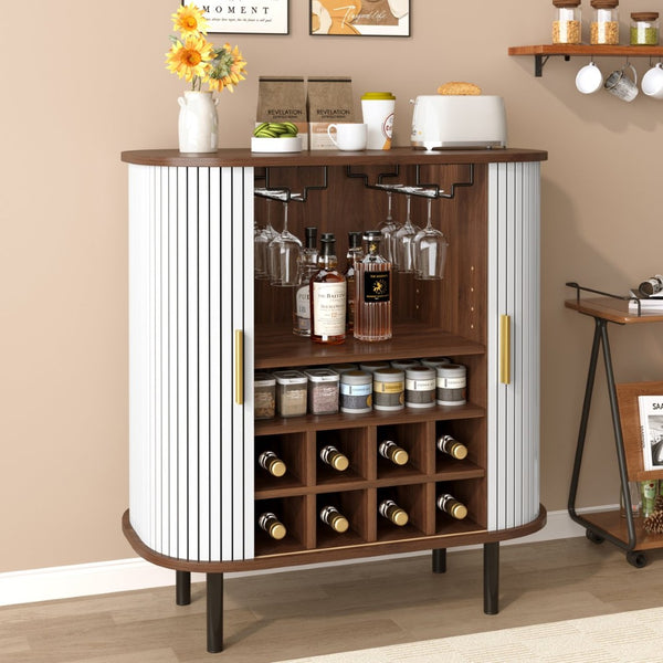 English Elm 28" Fluted Tambour Door Bar Cabinet with Wine Rack Glass Holders and Adjustable Shelving White N728P458234W