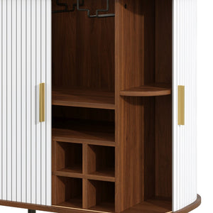English Elm 28" Fluted Tambour Door Bar Cabinet with Wine Rack Glass Holders and Adjustable Shelving White N728P458234W