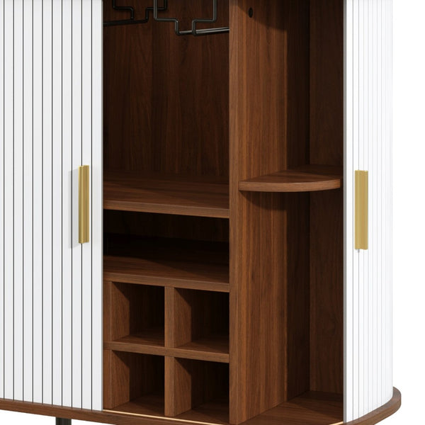 English Elm 28" Fluted Tambour Door Bar Cabinet with Wine Rack Glass Holders and Adjustable Shelving White N728P458234W