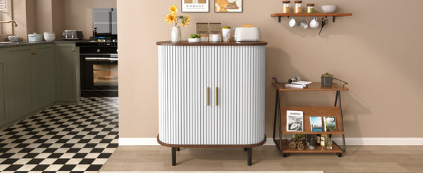 English Elm 28" Fluted Tambour Door Bar Cabinet with Wine Rack Glass Holders and Adjustable Shelving White N728P458234W